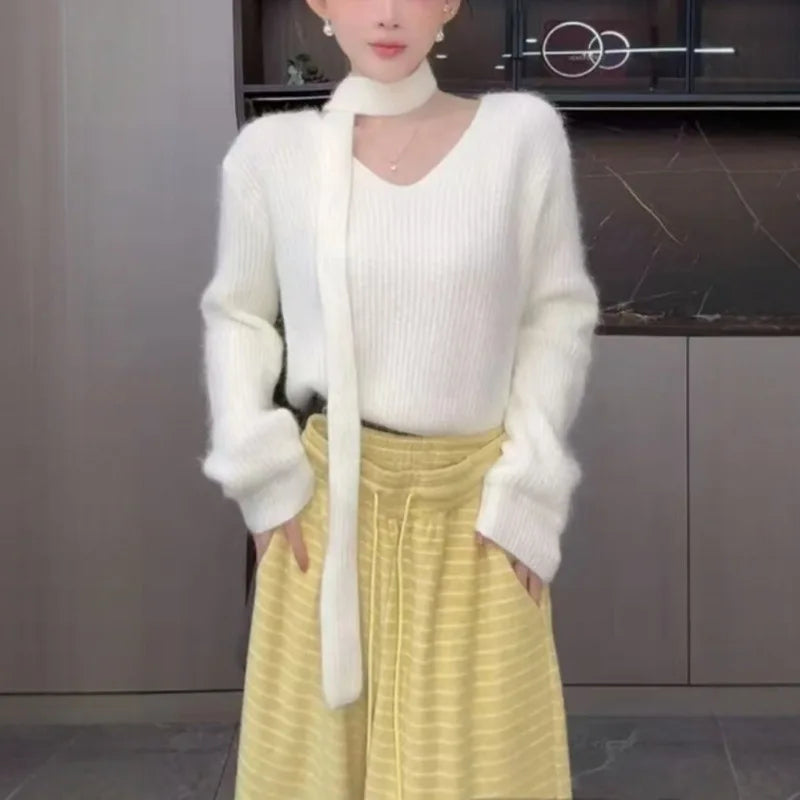 Gentle Soft V-neck Streamer Sweater Women's Autumn Winter Loose Lazy Feel Bottom Knitted Top Spring Pullover Jumper Female