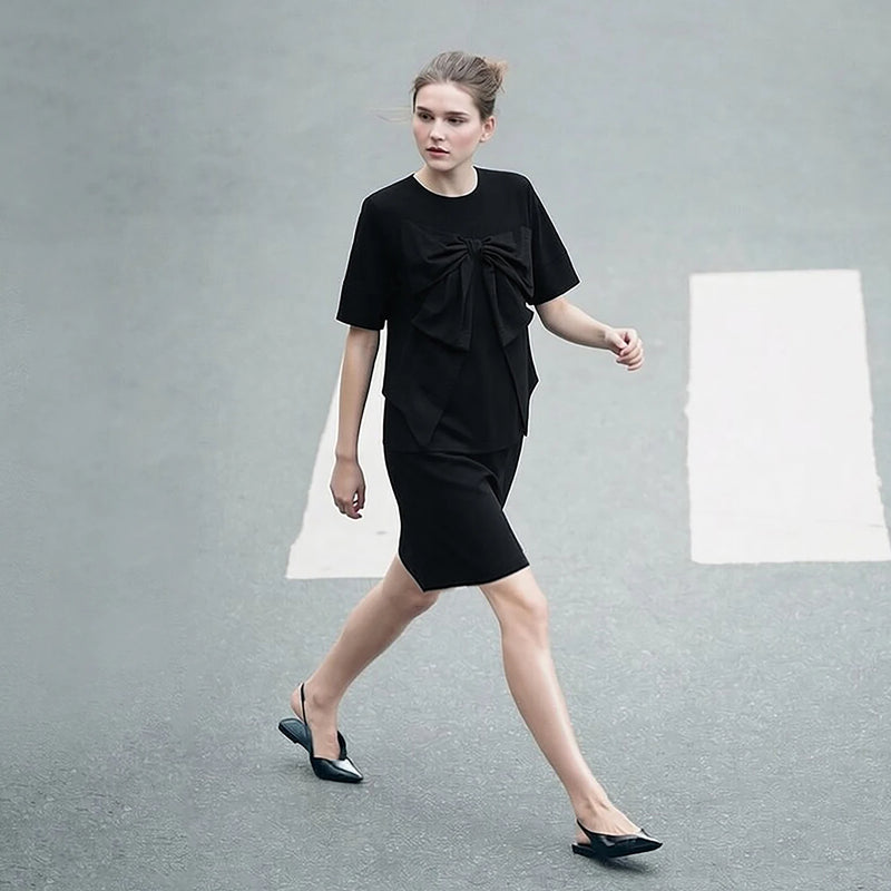 Amii Mini Dress Elegant Bow Detail O-Neck Short Sleeve 2026 Summer New Womens Dresses Casual Patchwork Woman Clothing 12652048