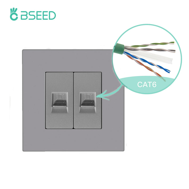 BSEED EU Standard Double Internet Socket RJ45 Network Data Socket CAT6 Wall Computer Outlet Plastic Frame White Black Color