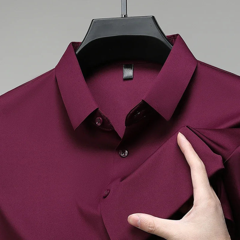 New Men's Business Casual Solid Color Short Sleeved Shirt for Summer Fashion No Ironing Comfortable and Versatile Top