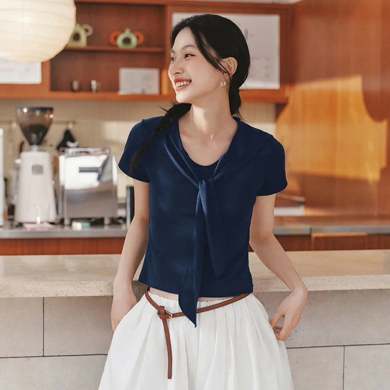 Semir Women Tshirt Short Length Fake Two Piece Lace Lapel Shawl Standard Shoulder Slim Fit 2026 Summer Fashion Top