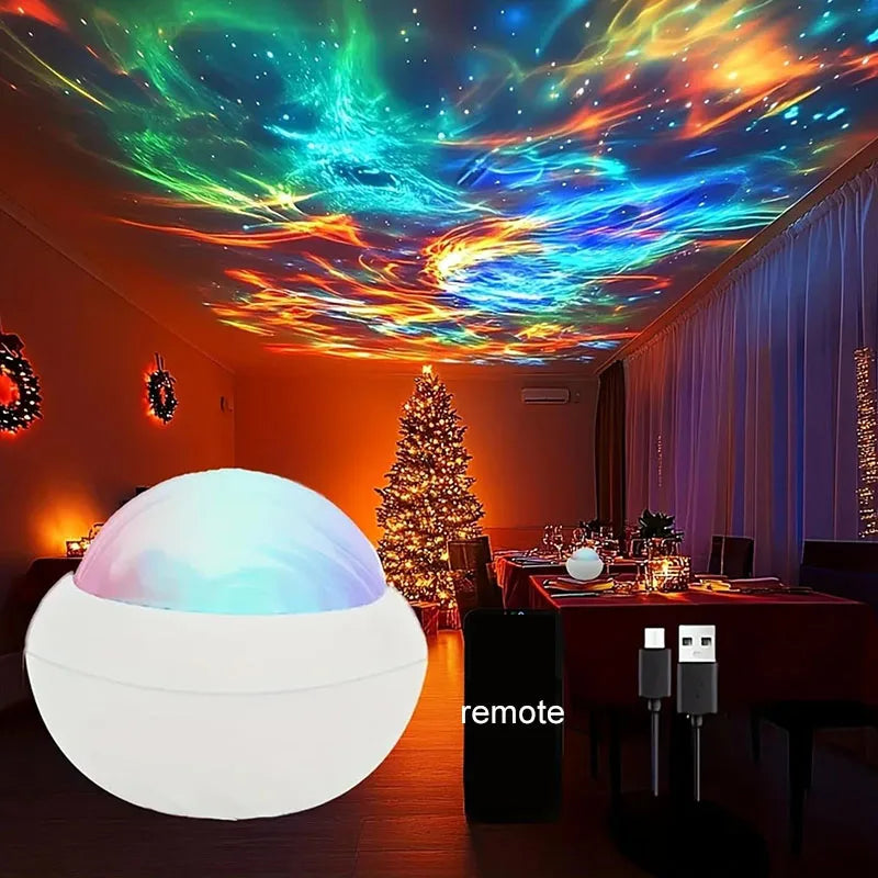បញ្ជា USB LED Galaxy Projector ចង្កៀងបាល់បង្វិលដោយស្វ័យប្រវត្តិ 360° ភ្លើងរាត្រីបរិយាកាស ភ្លើងខាងជើងពីចម្ងាយសម្រាប់ការតុបតែងបន្ទប់ពិធីជប់លៀង
