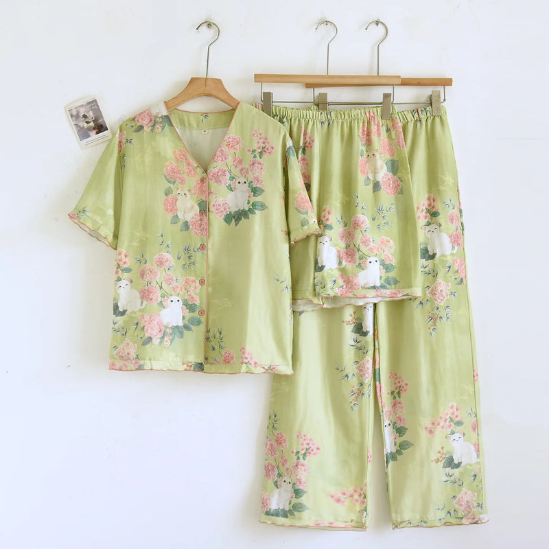 Floral Pajama Set Woman New Summer V-neck Short Sleeve Sleepwear Women's Cotton Home Wear Thin Casual 3 Piece Loungewear Suit