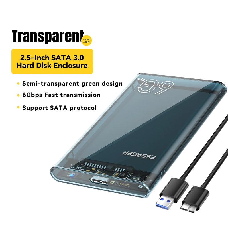 ប្រអប់ Essager ទំហំ 2.5 អ៊ីញ SATA Box USB 3.0 HDD Enclosure Mobile Hard Drive Cases សម្រាប់ SSD ទំហំ 2.5 អ៊ីញ SATA Storage Enclosure Hard Disk Case