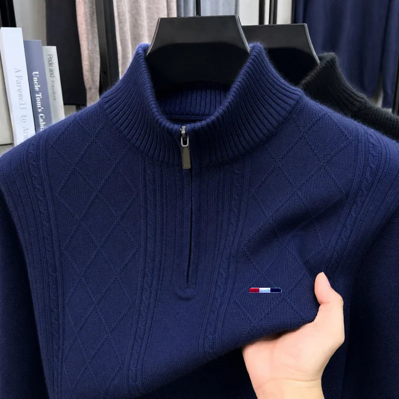 Fashion Man Long-Sleeved Knitwear Mock Neck Zipper Striped Embroidery Diamond Pattern Autumn Winter New Leisure VersatileSweater