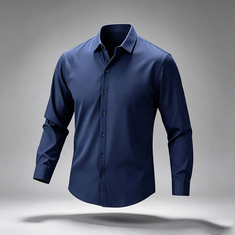 Mens Slim Fit Collared Long Sleeve Shirt Full Button Front Elastic Texture All Match Workplace Leisure Outer Garment