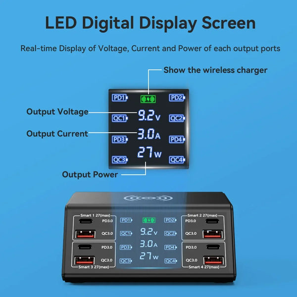 ឆ្នាំងសាកឥតខ្សែ 100W QC PD3.0 USB ឆ្នាំងសាកឥតខ្សែ សាកលឿន 8 រន្ធ ឆ្នាំងសាកលឿន សម្រាប់ iPhone 12 13 Xiaomi