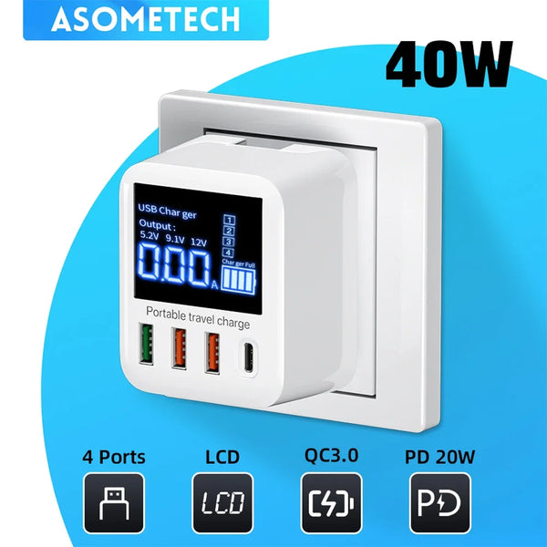 ឆ្នាំងសាក USB 40W សាកថ្មលឿន ឧបករណ៍សាកថ្មទូរស័ព្ទសម្រាប់ធ្វើដំណើរ PD QC USB C ឆ្នាំងសាកសម្រាប់ iPhone 13 12 Xiaomi Huawei Samsung