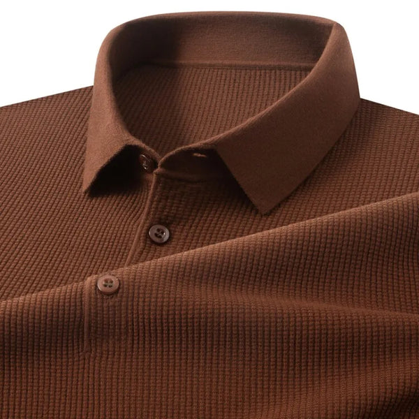 Men's Thin Knit Short Sleeve Polo Shirt, Rayon Blend Fabric, Soft Touch, Business Casual Style, Dark Brown, Slim Fit Top