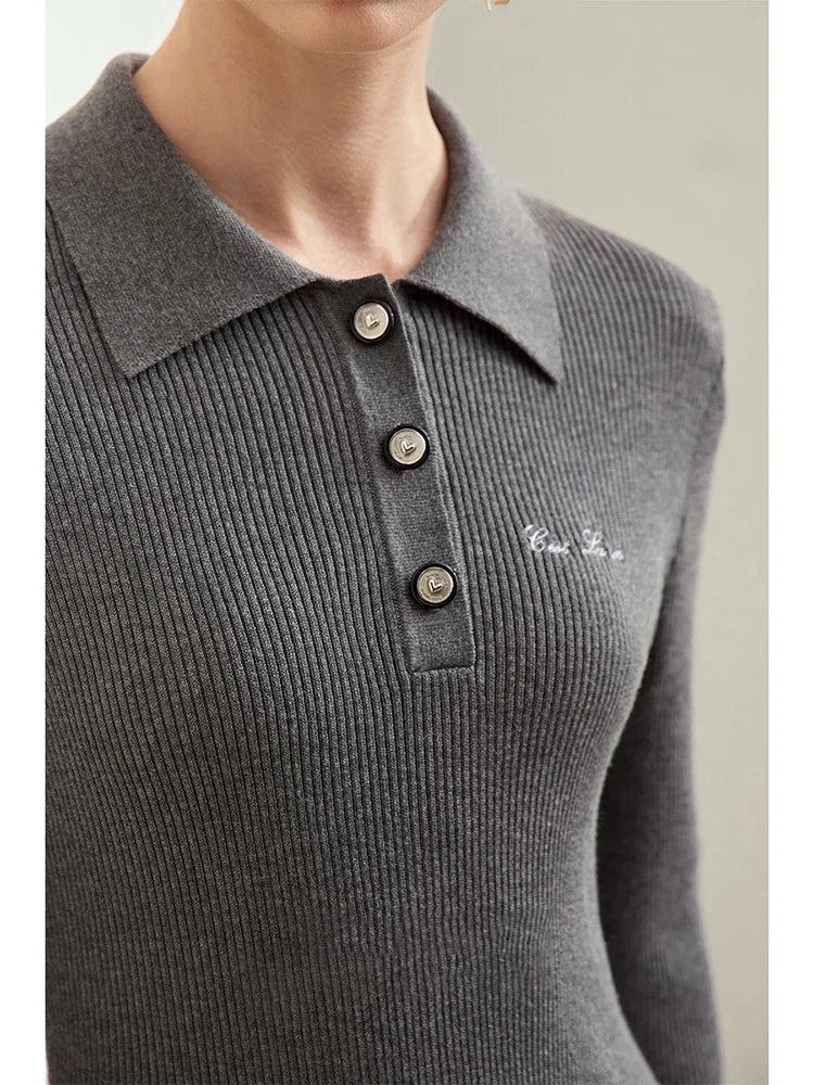 Amii Minimalism Dresses For Women 2026 Autumn New Office Lady Lapel Letter Embroidery Slim Casual Solid Midi Knit Dress 12413014