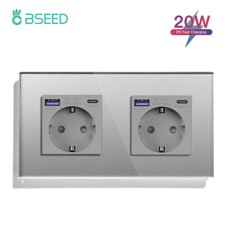 BSEED EU Standard Wall Power Sockets Type-C Interface Outlet USB Fast Charge Port 20W Glass Panel Kids Protection 16A