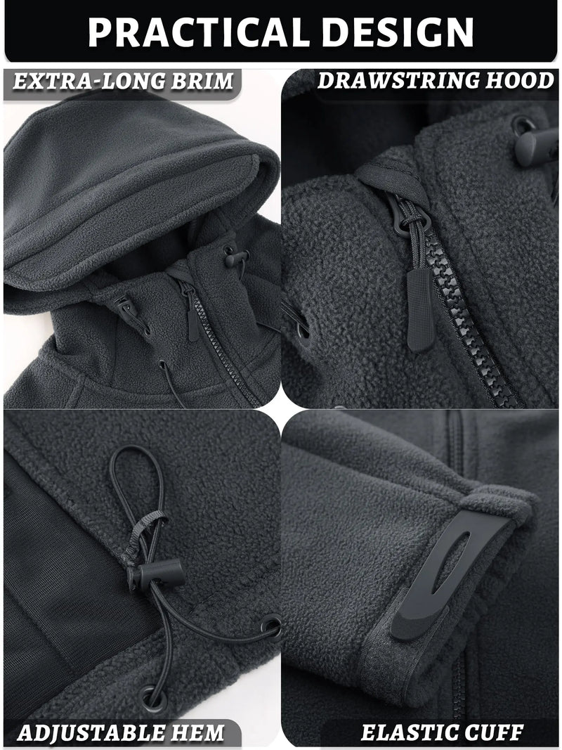 TACVASEN Men's Winter Tactical Full-Zip Fleece Hooded Jacket Windproof Coat with 6 Zipper Pockets for Outdoor Hiking And Fishing