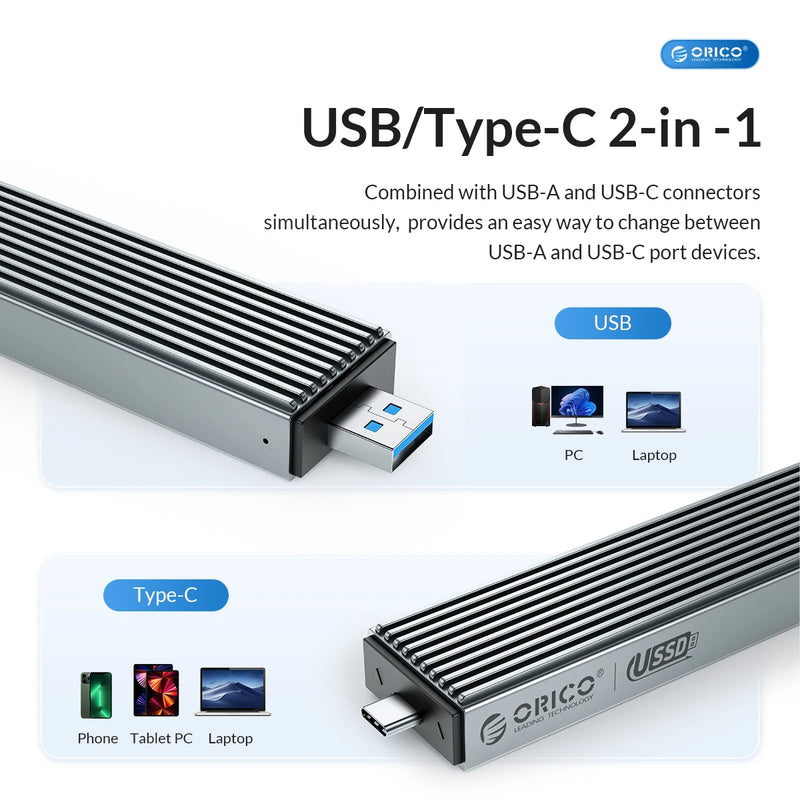 ORICO 2 in 1 USB A Type-C Dual Interface M.2 SSD Case Support M2 NVMe M Key SATA NGFF M&B Key SSD Hard Disk with Cooling Vest
