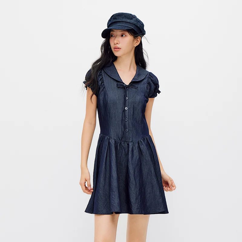 Semir Women Dress Sailor Collar Bow Lace Waist Cinching Slim Fit Sweet Stylish Mini 2026 Summer Fashion Casual Top