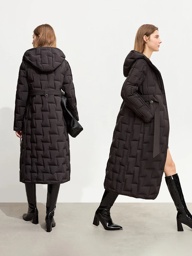 AMII Minimalist Duck Down Jacket For Women New 2026 Winter Solid Long Thick Warm Hooded Coat With Belt Trendy Outerwear 12324013