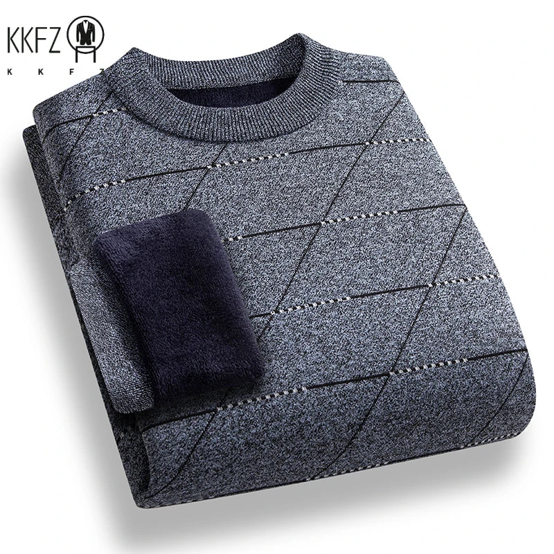 Cold Weather Men Knit Pullover Thick Plush Interior Diagonal Grid Print Design Everyday Casual Long Sleeve Warm Jumper