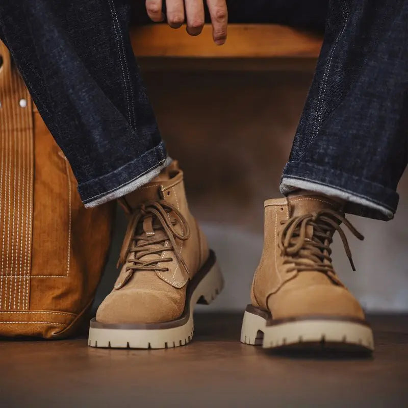 Maden Men's Cow Suede High-Top Boots Lace-Up Ankle Boots Chunky Round Toe Work Desert Boots for Fall Winter Casual Shoes