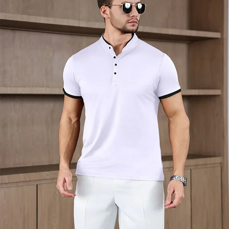 2025 New Men's Casual and Fashionable Solid Color Short Sleeved Stand Up Collar T-shirt Summer Versatile and Comfortable Top