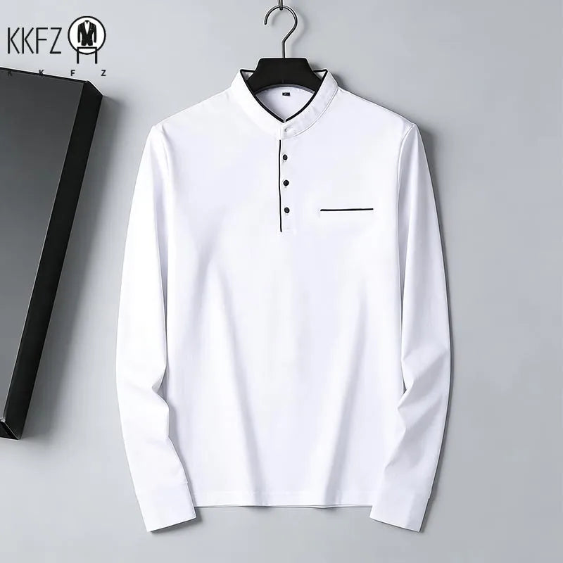 2026 New Men's Navy Blue Stand Collar Long Sleeve Polo Shirt Office Business Commute Top
