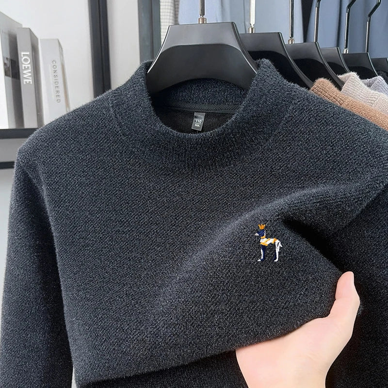 Man Long-Sleeve Knit Top Crew Neck Fleece-Lined Thickened Exquisite Embroidery Autumn Winter Leisure Keep Warm Men's Clothing