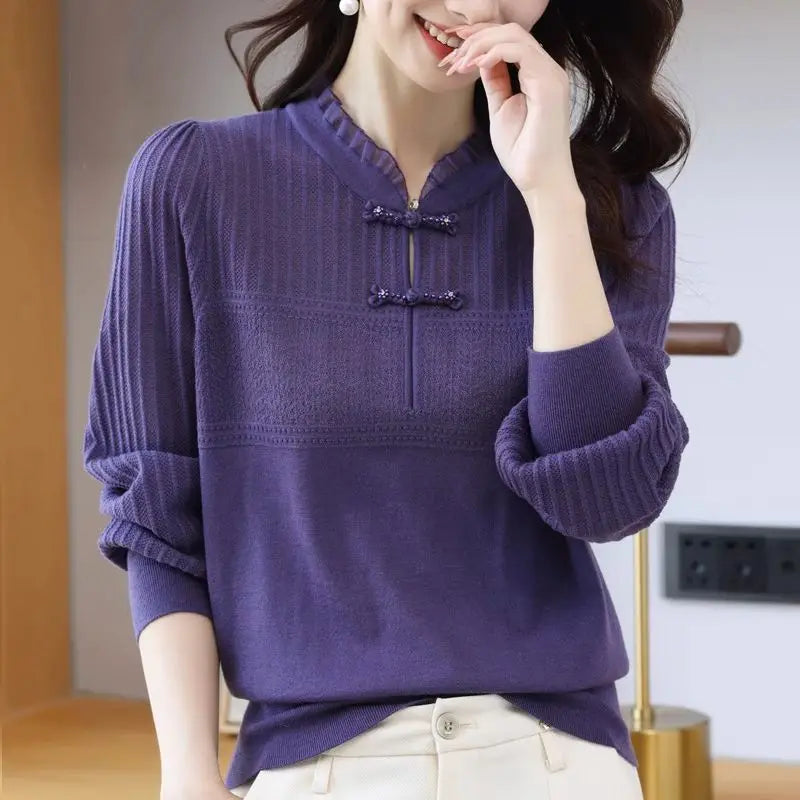 Temperament Spring Autumn Sweater Women V-Neck Bottom Shirt Retro Knitwear Top Female Long Sleeve Pull Femme Knit Clothes