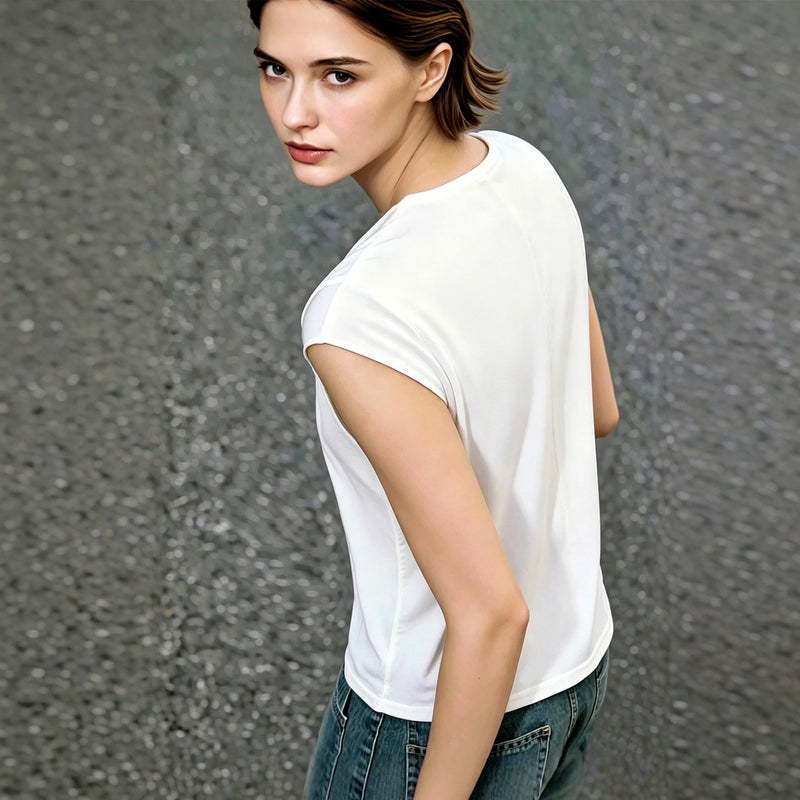 Amii Off Shoulder Women's T-Shirt 2026 Summer New Cap Sleeve Asymmetric Pleated Top Simple Office Casual Tee For Women 12622118