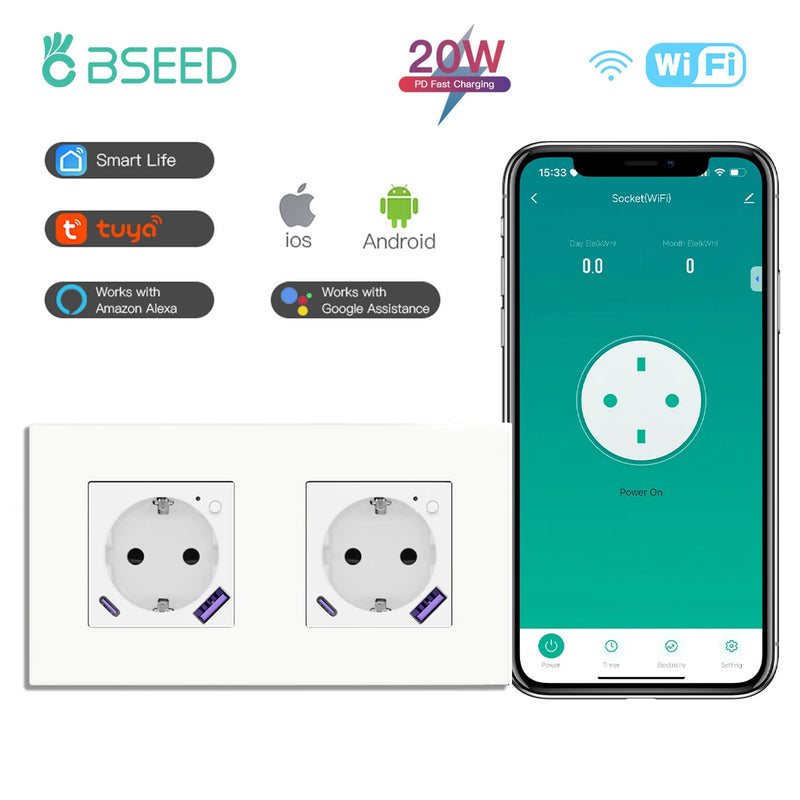 BSEED WIFI Smart Socket With 20W Fast Charge Port Plastic Frame Smart Wall Socket USB Type-C Port Tuya Smart Life Control