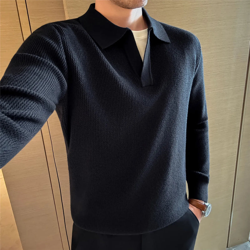 Men's 2025 Autumn Winter Old Money V-Neck Sweater, Seagull Collar Wool Blend, Gray Black Khaki Brown