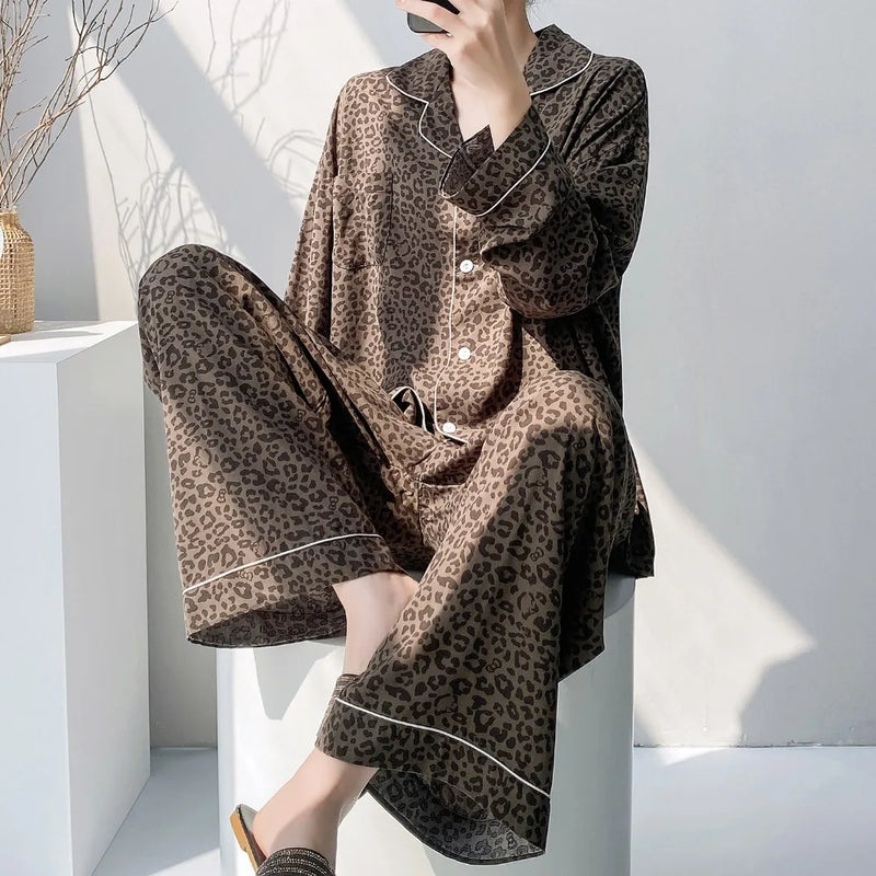 Viscose Loungewear 2 Piece Long Sleeve Top Pants Sleepwear Retro Floral Pajama Set For Women Autumn Soft Women's Home Nightwear