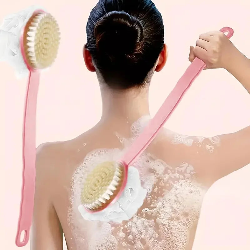 Dual-purpose long-handled bath brush with soft bristles for home use, with bath flower, for scrubbing back during bath