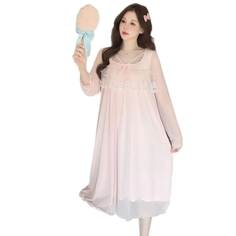 Spring Summer Long Sleeved Night Dress Woman Modal Lace Mesh Princess Nightgown Sleepwear Women's Nightie Korean Sleep Shirts