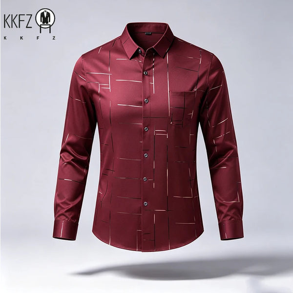 Male Spring Autumn Long Sleeve Shirts Lapel Style Wrinkle Free Fabric Geometric Line Print Chest Pocket Button Shirts