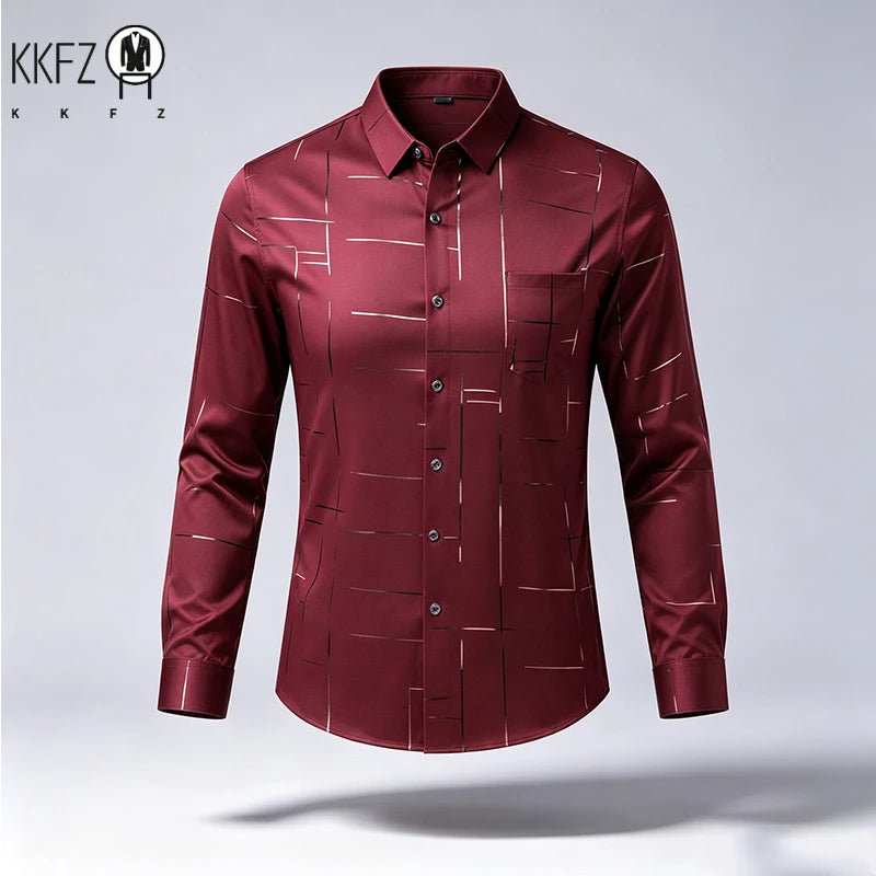 Male Spring Autumn Long Sleeve Shirts Lapel Style Wrinkle Free Fabric Geometric Line Print Chest Pocket Button Shirts