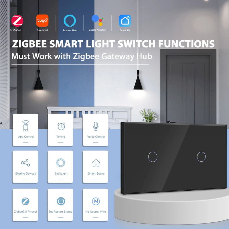 BSEED Smart Zigbee Touch Light Switch 1/2/3Gang Wall Touch Switch 2Way Wire Compatible with Smart Life Alexa Google Home