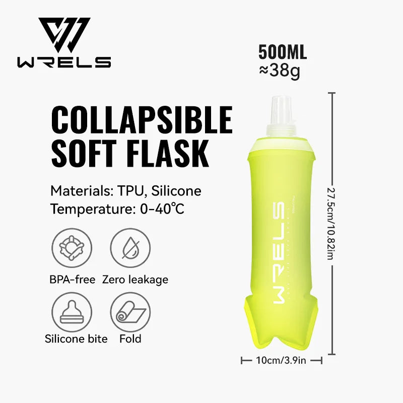 WRELS Soft Flask BPA Free TPU Collapsible Water Bottle Lightweight Foldable Hydration Bottle Wide Mouth Running Squeeze Bottle
