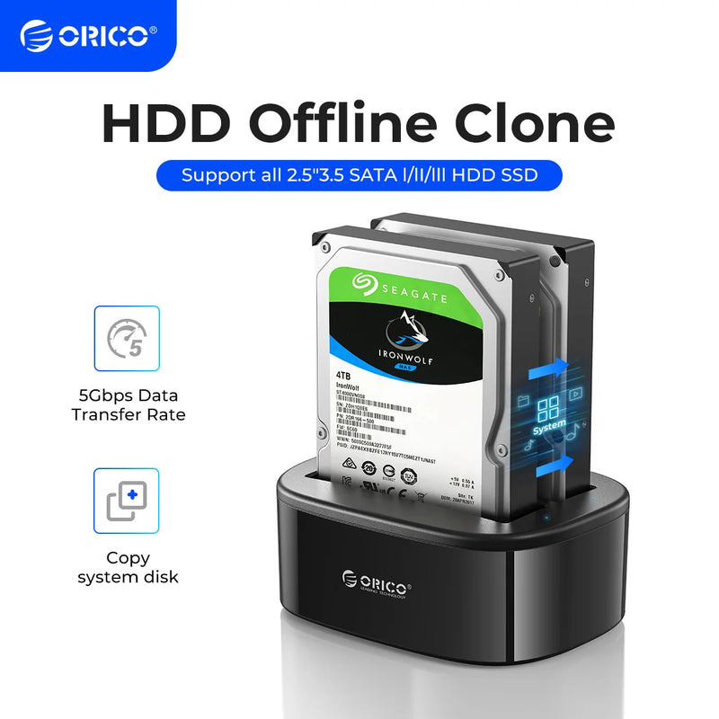 ORICO Dual Bay HDD Docking Station with Offline Clone SATA to USB 3.0 HDD Clone Docking Station for 2.5/3.5'' SSD HDD Enclosure