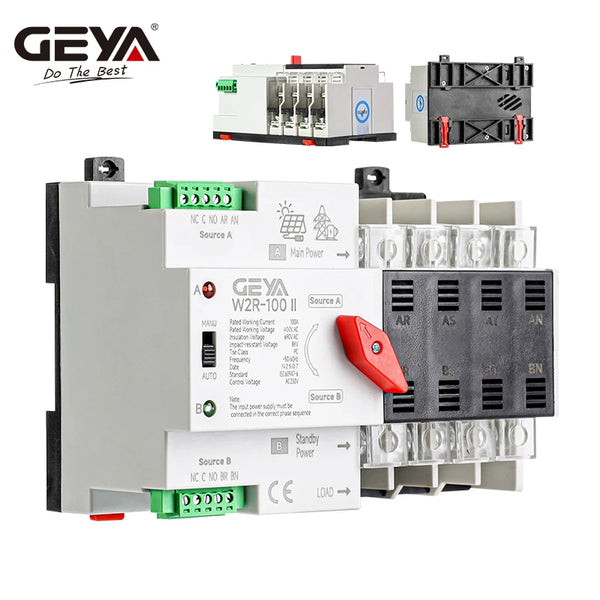 GEYA PV សូឡា ឬ ថាមពលទីក្រុង ATS 110V 220V PC កុងតាក់ផ្ទេរដោយស្វ័យប្រវត្តិថាមពលពីរ 100A ថាមពលមិនមានការរំខាន Mini ATS