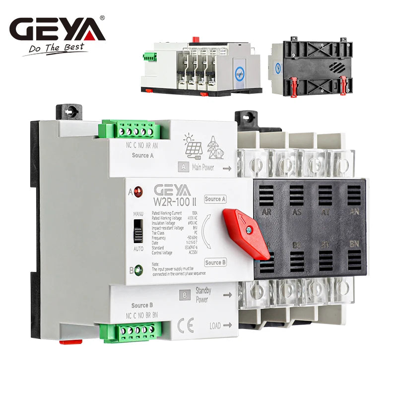 GEYA PV សូឡា ឬ ថាមពលទីក្រុង ATS 110V 220V PC កុងតាក់ផ្ទេរដោយស្វ័យប្រវត្តិថាមពលពីរ 100A ថាមពលមិនមានការរំខាន Mini ATS