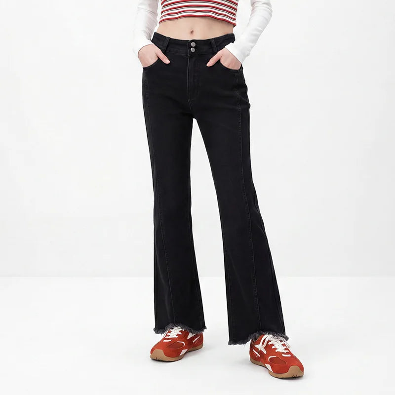 Semir Women Jeans Split Flare Raw Hem Washed Retro Slim Look 2026 Autumn Street Style Soft Denim Long Pants Daily Wear