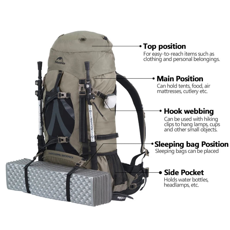 Naturehike 70L+5L Backpack Professional Outdoor Camping Hiking Travel Large Capacity Mountaineering Shoulder Bag