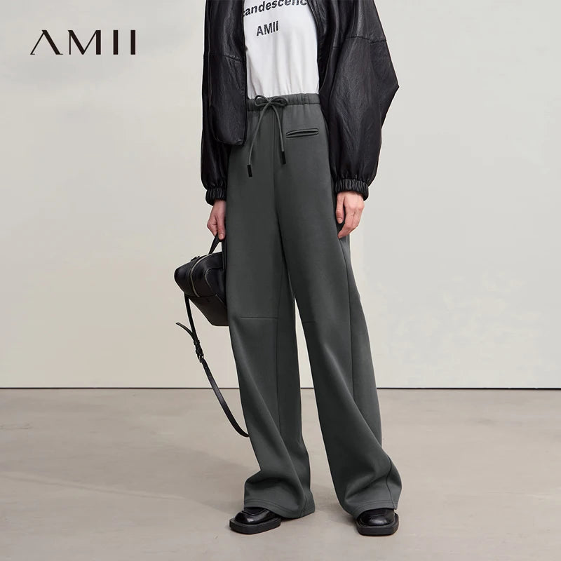 AMII Women's Pants 2026 Autumn New Minimalist Solid Color Ladies Clothing Wide-leg Waist Casual Versatile Woman Trousers12514010
