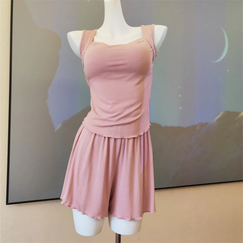 Modal Women Pajama Sets Pijama Sleepwear For Sleeping Lounge Wear Pure Color Sleeveless Nightwear Sets Female Casual Housewear