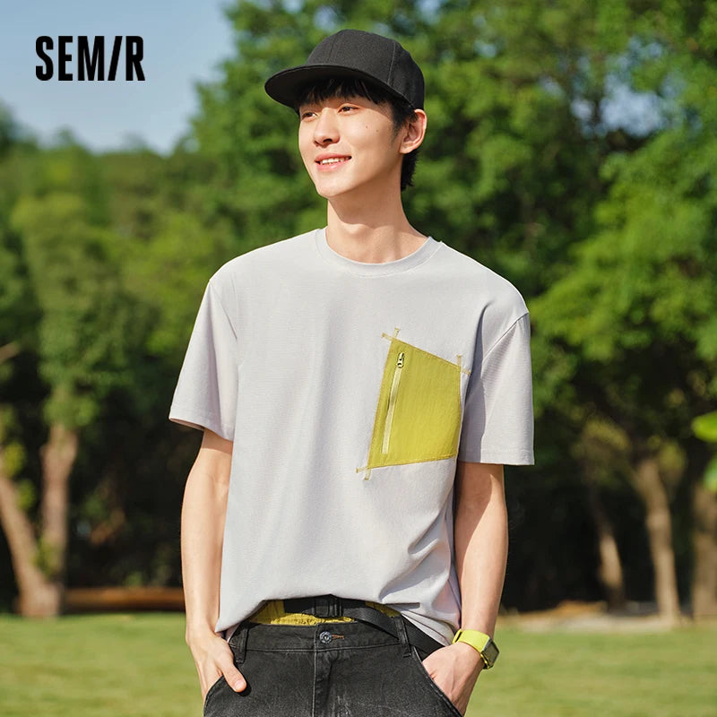 Semir Men Tshirt Color Block Pocket Knit Slightly Loose Quick Dry Crew Neck Top 2026 Summer Casual Fashion Wear