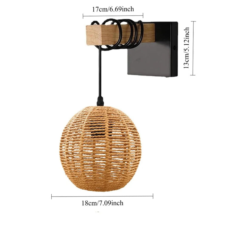 JOYINLED Vintage Indoor Wall Light, E27 Retro Rattan Wall Lamp with Woven Lampshade Wall Lamp for Living Room, Bedroom, Hallway