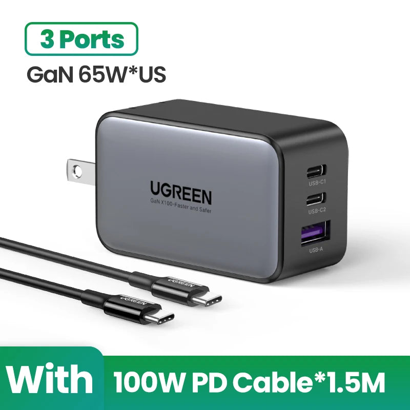 【US Plug】UGREEN 100W GaN Charger USB C Charger QC4.0 3.0 Quick Charge For Macbook Laptop Tablet PD Fast Charger For iPhone 15 14