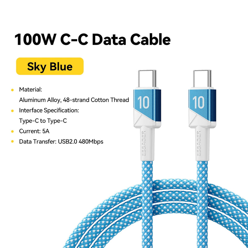 ខ្សែសាក ESSAGER 100W 5A USB C ទៅ USB C សម្រាប់ iPhone 17 16 15 14 Pro Max MacBook iPad Laptop សាកថ្មលឿន ក្រុមបាល់ទាត់ ពណ៌ ខ្សែ