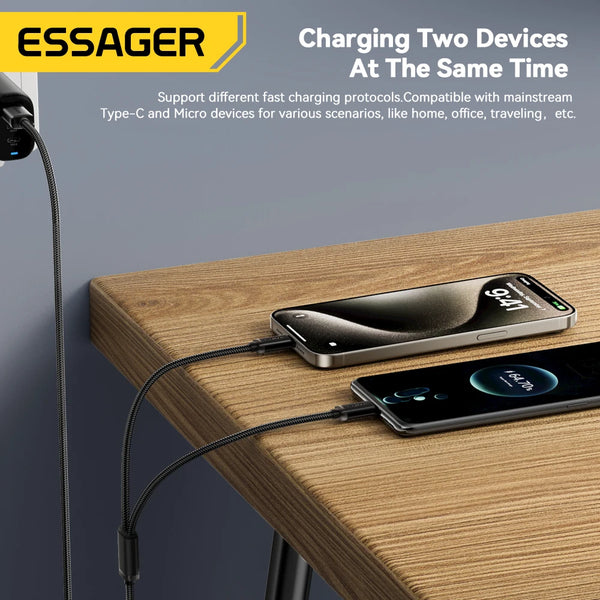 ខ្សែសាក Essager 2 ក្នុង 1 USB Type C Micro សម្រាប់ Xiaomi Redmi Samsung Huawei 2A ខ្សែសាកទិន្នន័យលឿនទូរស័ព្ទចល័ត USB ខ្សែសាក