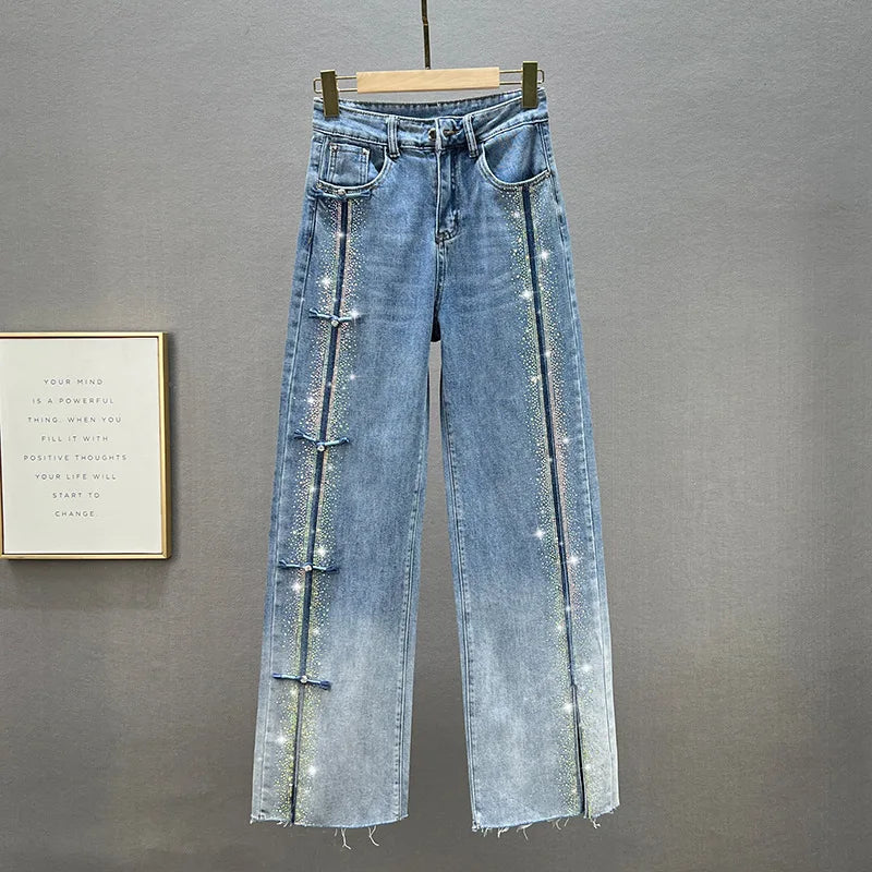 New Fall Women's Blue Wide-Leg Jeans with Embroidery, Asian Sizes, Denim Pants. 2026-2027
