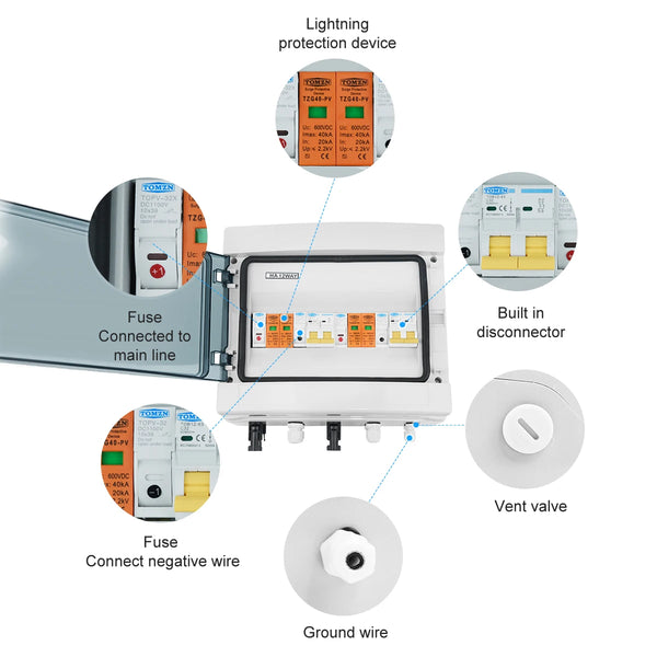 TOMZN Solar Photovoltaic PV Combiner Box With Lightning Protection 2 Input 2 Out DC 600V Fuse MCB SPD Waterproof Box IP65 12ways