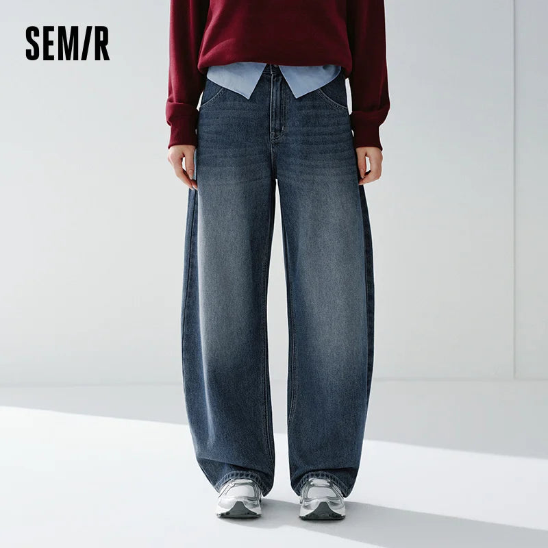Semir Vintage Jeans Women 2026 Spring Distressed Loose Curved Blade Lyocell Blend Casual Retro Long Trousers